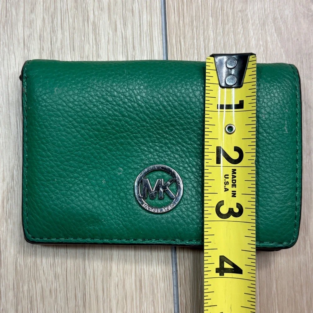 Michael Kors Green Pebbled Leather Bifold Wallet Silver MK Logo ID Window